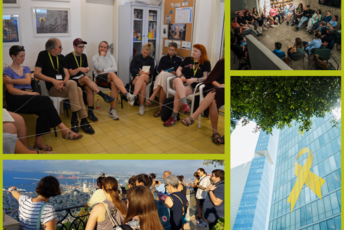 Grafik mit vier Motiven aus Israel: Gruppe von Menschen sitzend im Gespräch, gelbe Schleife an einem Hochhaus (die an die Geiseln der Hamas erinnert), Gruppe blickt auf Hafen in Haifa