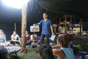 Avner Inbar, israelischer Freiwilliger bei ConAct, bot den Workshop „Vom Garten Eden nach Jerusalem: Eine Reise auf den Spuren des Judentums“ an. (Foto © ConAct) Avner Inbar, israelischer Freiwilliger bei ConAct, hält während seinem Workshop „Vom Garten Eden nach Jerusalem: Eine Reise auf den Spuren des Judentums“ ein Foto hoch.