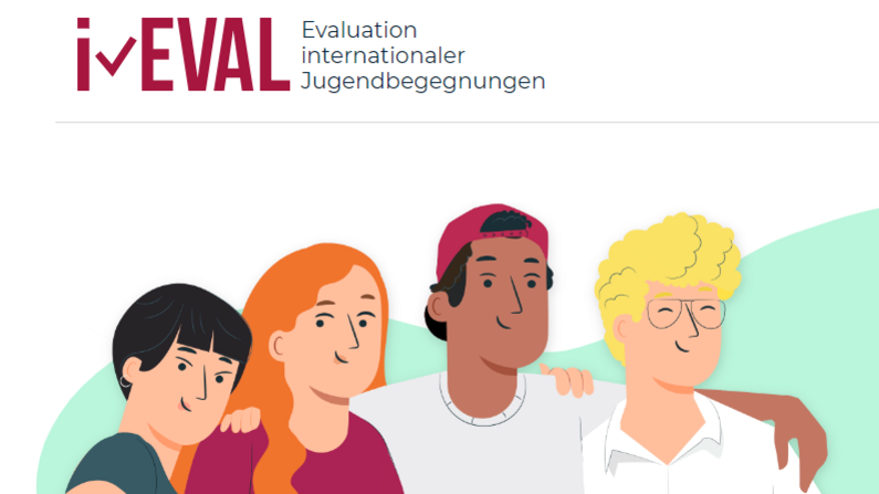 Man sieht vier Comicfiguren, die junge Menschen darstellen,  darüber steht der Schriftzug i-Eval, Evaluation internationaler Jugendbegegnungen 