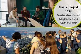 Menschen in einer Gruppenarbeit und bei einer Exkursion - Titel: Diskursprojekt 2025 Deutschland/Israel