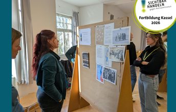 Grafik mit zwei Fotos, auf denen Kleingruppen im Gespräch während eines Seminars des Projekts "Sichtbar Handeln! Gegen Antisemitismus." gezeigt werden.