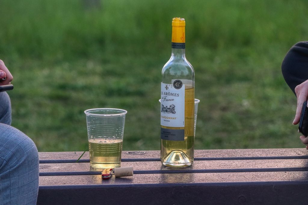 Weinflasche und Plastikglas mit Wein auf einer Bank