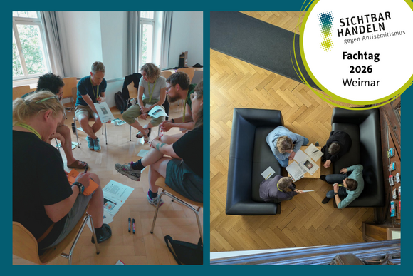 Grafik mit zwei Fotos, auf denen Kleingruppen im Gespr&auml;ch w&auml;hrend eines Seminars des Projekts "Sichtbar Handeln! Gegen Antisemitismus." gezeigt werden.