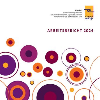 Ein Buchcover mit orangenen und lilafarbenen Kreisen, darauf der Titel "Arbeitsbericht 2024"