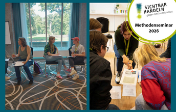 Grafik mit zwei Fotos, auf denen Kleingruppen im Gespräch während eines Seminars des Projekts "Sichtbar Handeln! Gegen Antisemitismus." gezeigt werden.