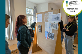 Grafik mit zwei Fotos, auf denen Kleingruppen im Gespräch während eines Seminars des Projekts "Sichtbar Handeln! Gegen Antisemitismus." gezeigt werden.
