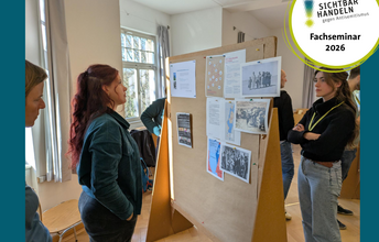 Grafik mit zwei Fotos, auf denen Kleingruppen im Gespräch während eines Seminars des Projekts "Sichtbar Handeln! Gegen Antisemitismus." gezeigt werden.