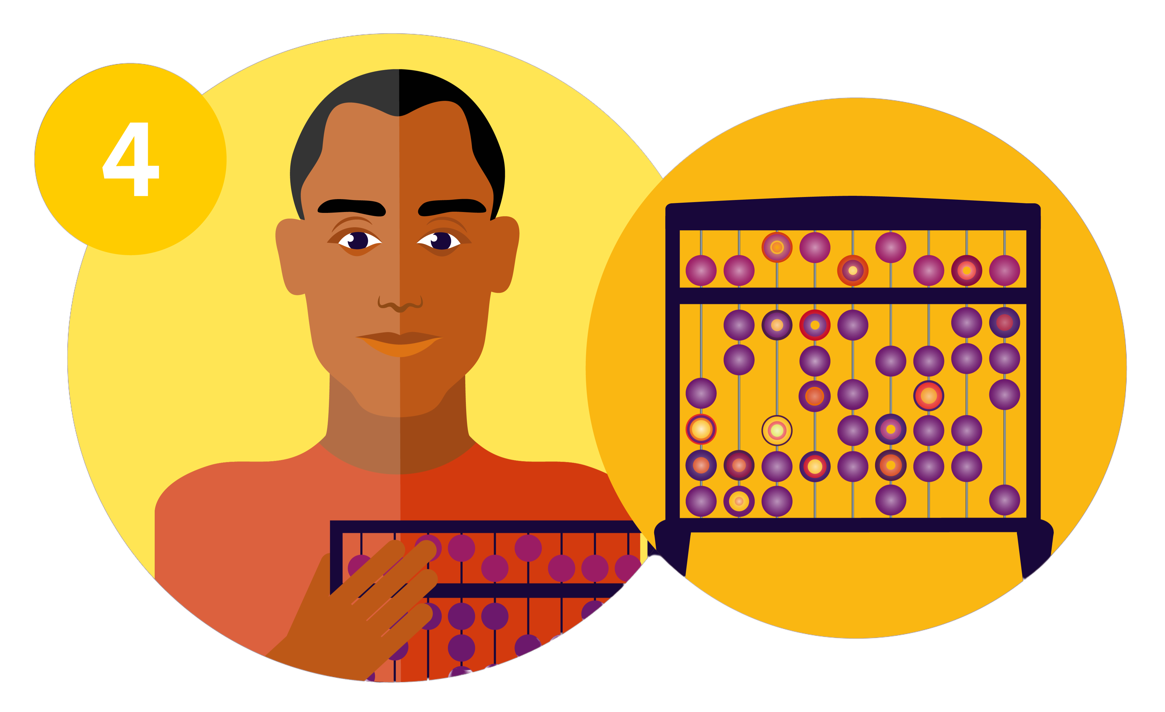 Eine männliche Comicfigur und eine Rechentafel