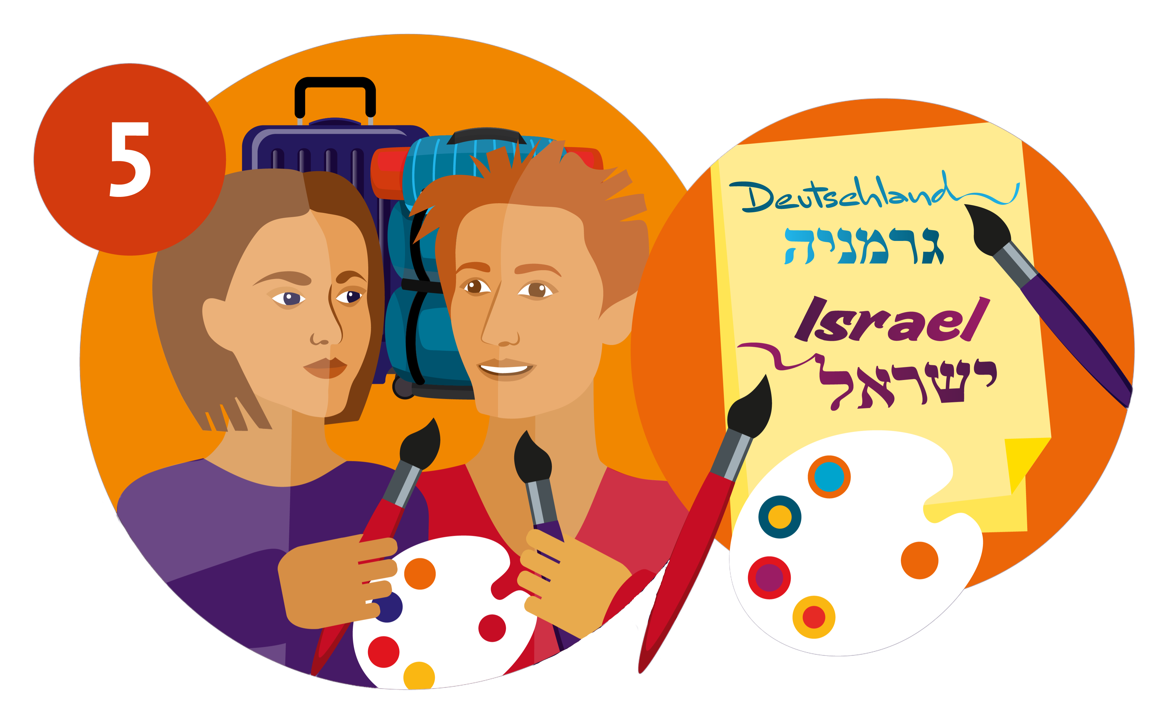 Zwei Comicfiguren halten Pinsel in der Hand, auf einem Zettel steht auf Deutsch und Hebräisch Deutschland und Israel geschrieben